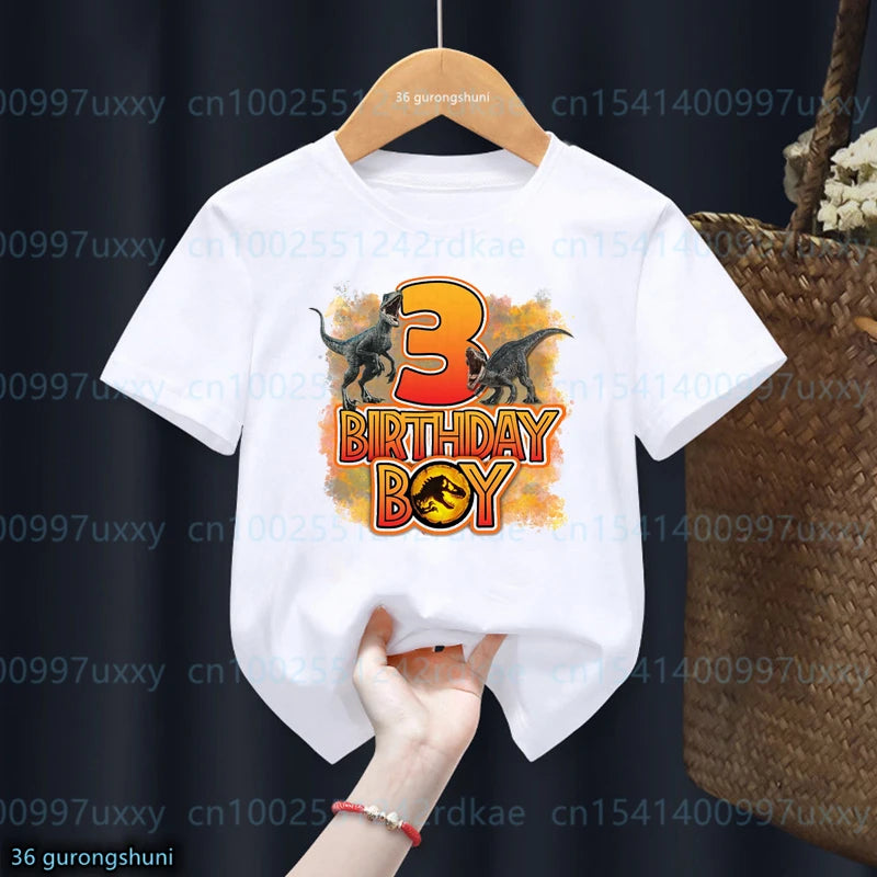 Kids Dinosaur Birthday T-Shirt – Personalised Number 1-13, Jurassic Park Style