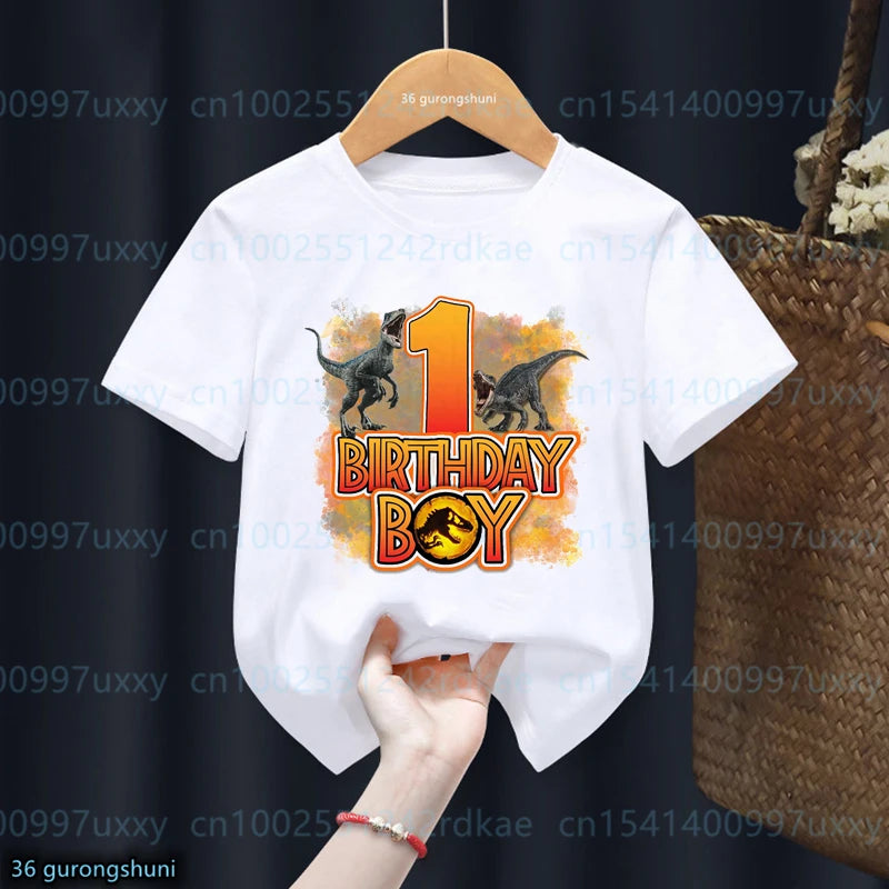 Kids Dinosaur Birthday T-Shirt – Personalised Number 1-13, Jurassic Park Style