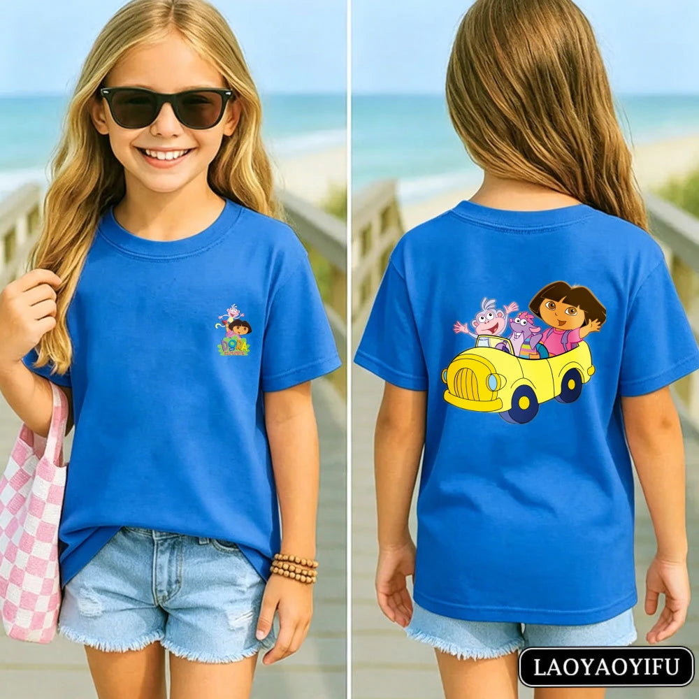 Vibrant Dora Adventure Kids T-Shirt Soft 100% Cotton Dora The Explorer Casual Tee Kawaii Girl Clothes Children's Cartoon Apparel