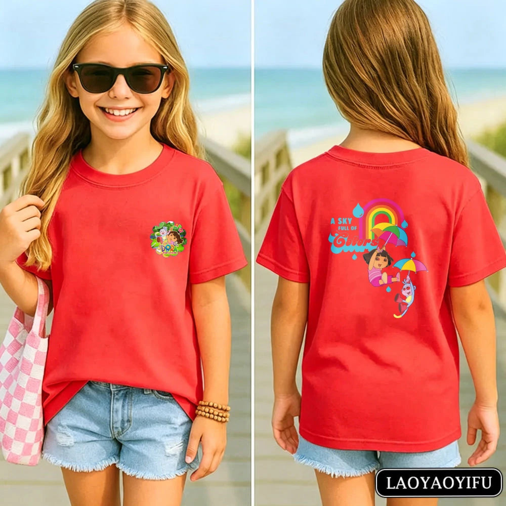 Vibrant Dora Adventure Kids T-Shirt Soft 100% Cotton Dora The Explorer Casual Tee Kawaii Girl Clothes Children's Cartoon Apparel