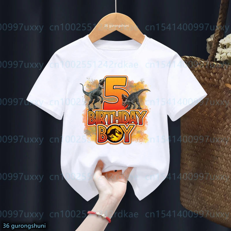 Kids Dinosaur Birthday T-Shirt – Personalised Number 1-13, Jurassic Park Style