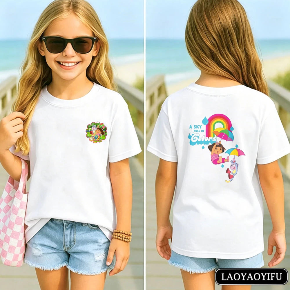 Vibrant Dora Adventure Kids T-Shirt Soft 100% Cotton Dora The Explorer Casual Tee Kawaii Girl Clothes Children's Cartoon Apparel
