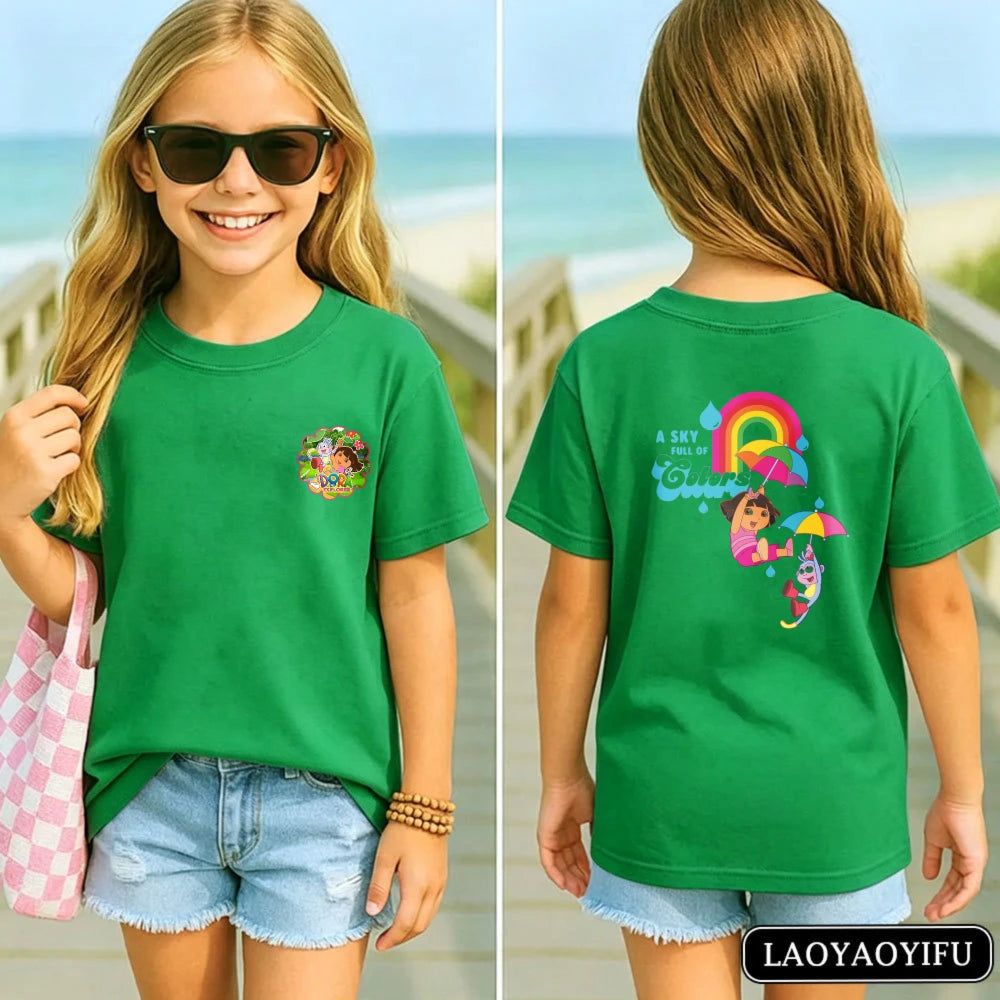 Vibrant Dora Adventure Kids T-Shirt Soft 100% Cotton Dora The Explorer Casual Tee Kawaii Girl Clothes Children's Cartoon Apparel