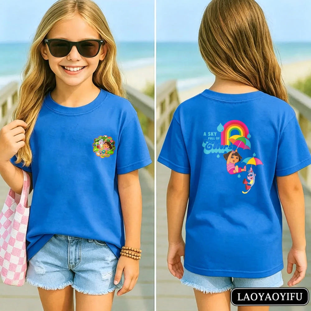 Vibrant Dora Adventure Kids T-Shirt Soft 100% Cotton Dora The Explorer Casual Tee Kawaii Girl Clothes Children's Cartoon Apparel