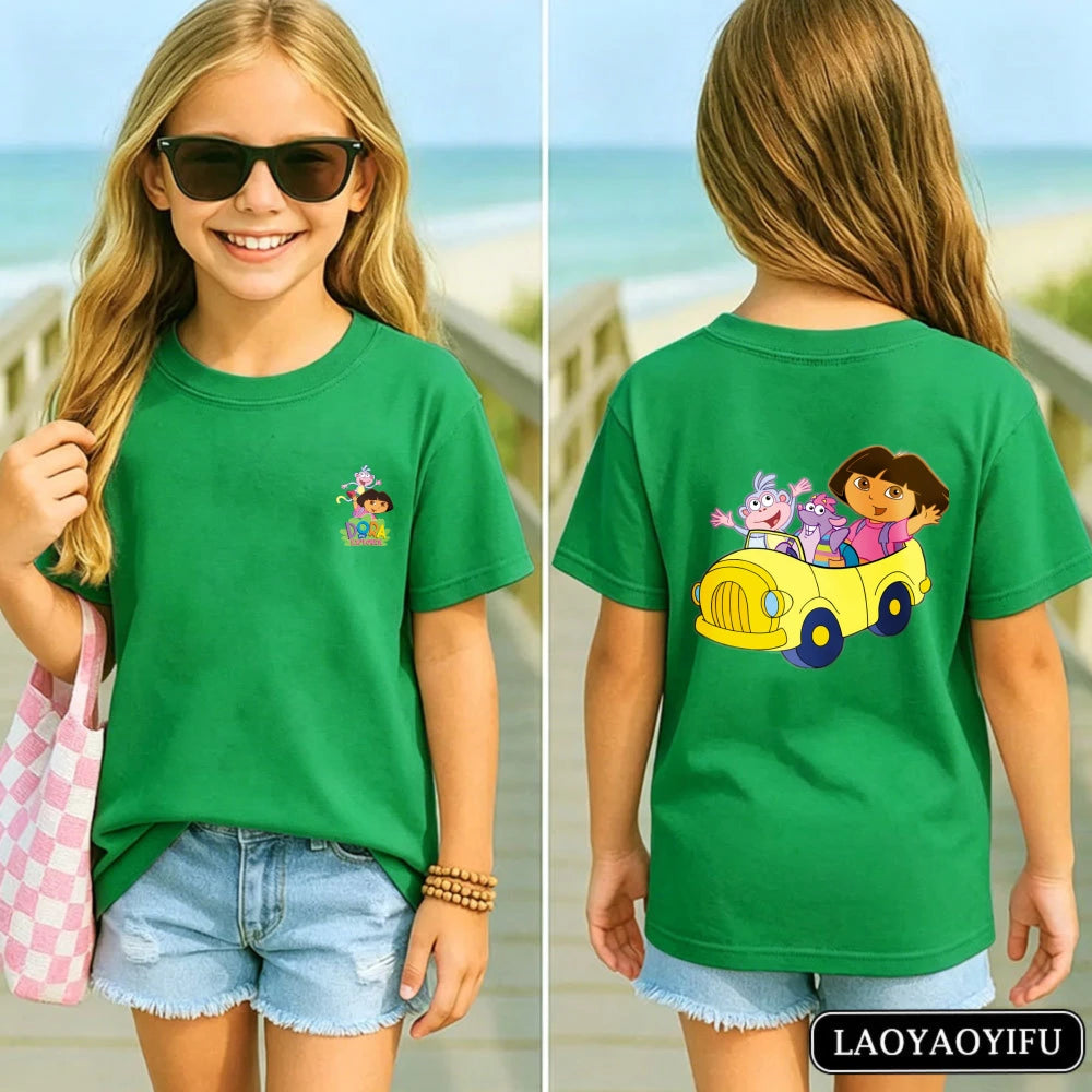 Vibrant Dora Adventure Kids T-Shirt Soft 100% Cotton Dora The Explorer Casual Tee Kawaii Girl Clothes Children's Cartoon Apparel