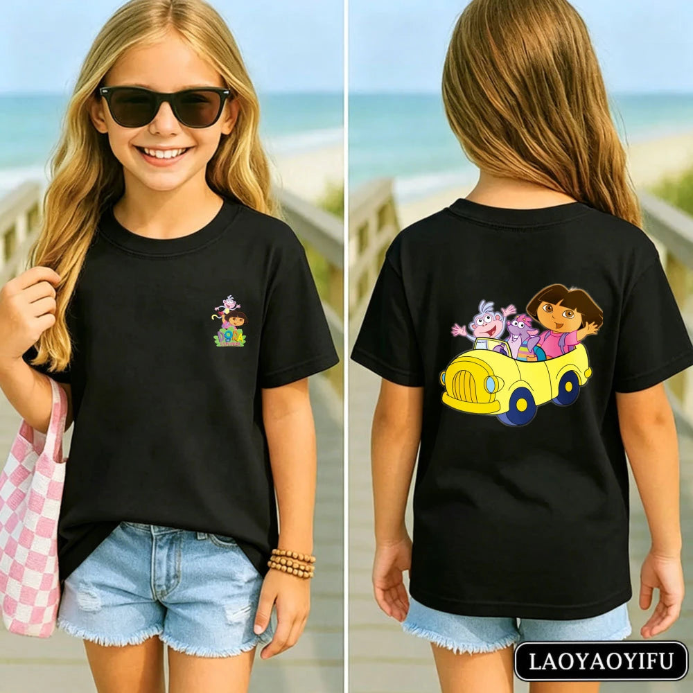 Vibrant Dora Adventure Kids T-Shirt Soft 100% Cotton Dora The Explorer Casual Tee Kawaii Girl Clothes Children's Cartoon Apparel