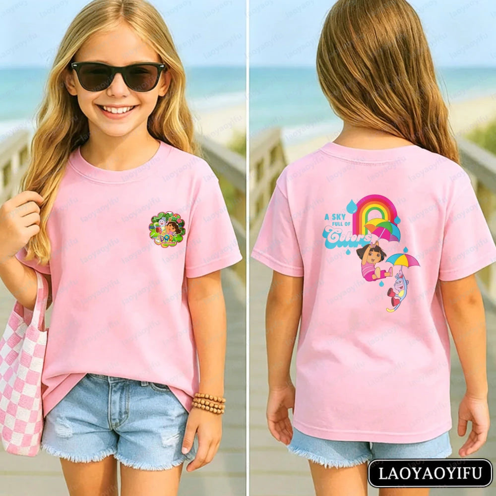 Vibrant Dora Adventure Kids T-Shirt Soft 100% Cotton Dora The Explorer Casual Tee Kawaii Girl Clothes Children's Cartoon Apparel