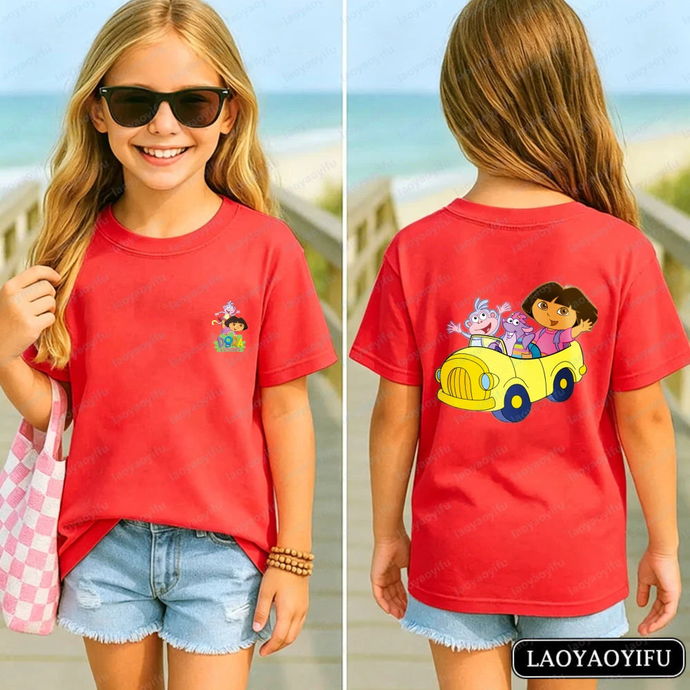 Vibrant Dora Adventure Kids T-Shirt Soft 100% Cotton Dora The Explorer Casual Tee Kawaii Girl Clothes Children's Cartoon Apparel
