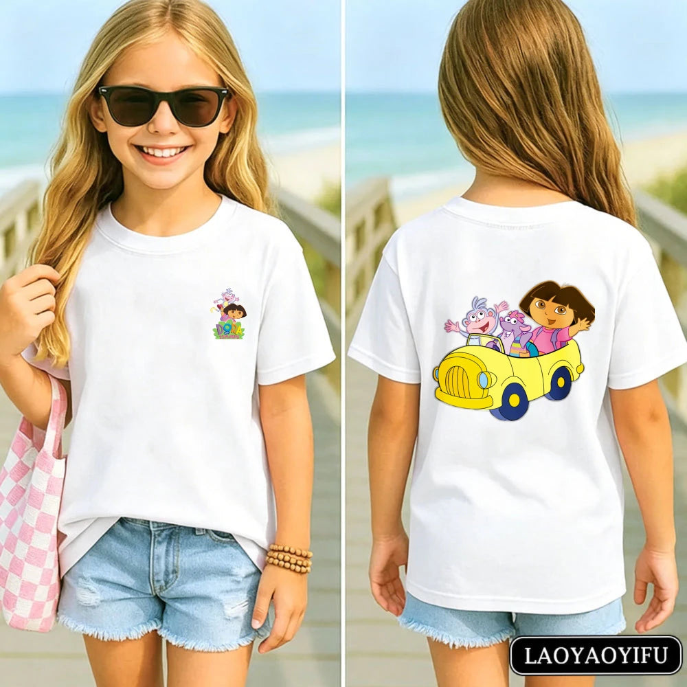 Vibrant Dora Adventure Kids T-Shirt Soft 100% Cotton Dora The Explorer Casual Tee Kawaii Girl Clothes Children's Cartoon Apparel