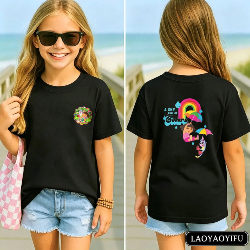 Vibrant Dora Adventure Kids T-Shirt Soft 100% Cotton Dora The Explorer Casual Tee Kawaii Girl Clothes Children's Cartoon Apparel