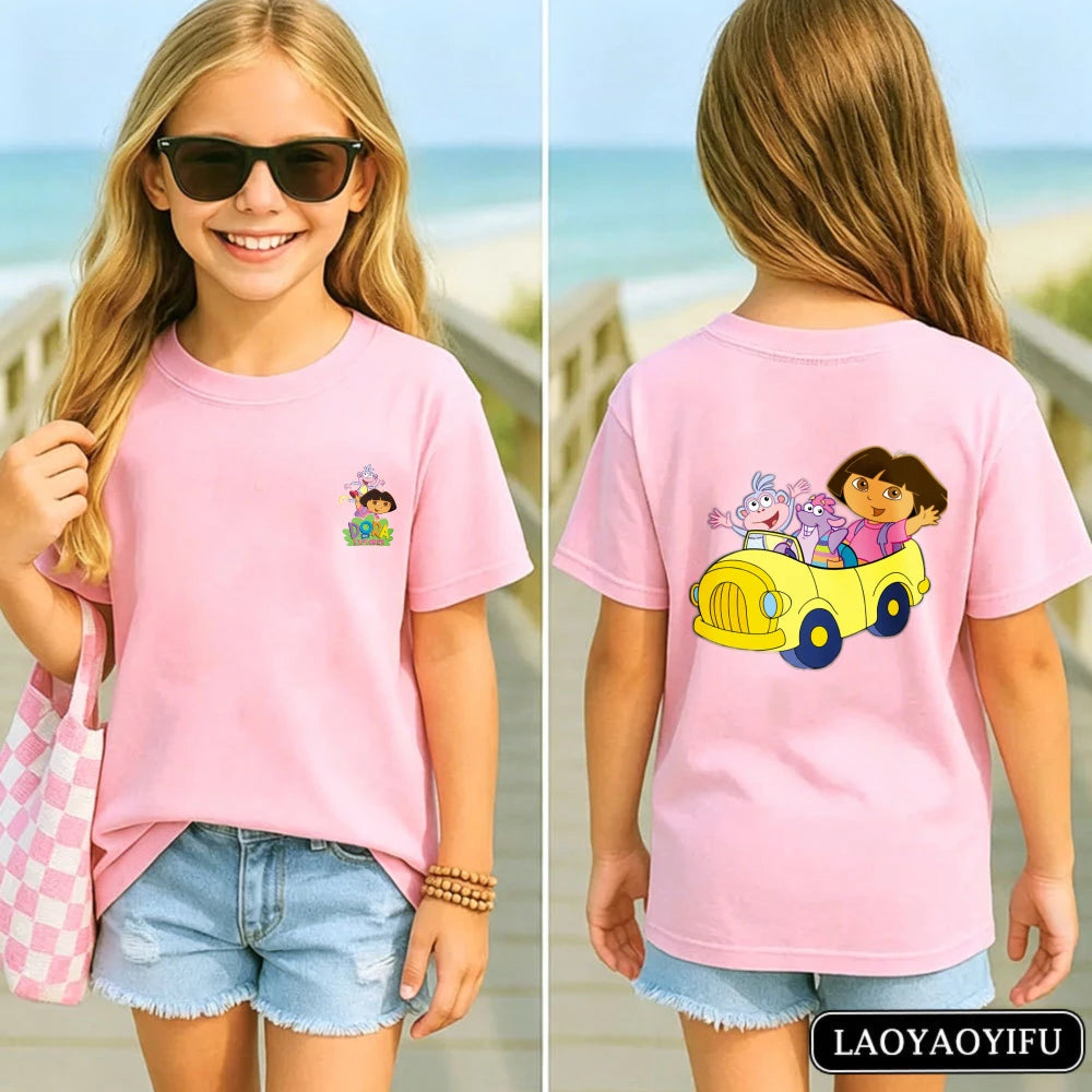 Vibrant Dora Adventure Kids T-Shirt Soft 100% Cotton Dora The Explorer Casual Tee Kawaii Girl Clothes Children's Cartoon Apparel